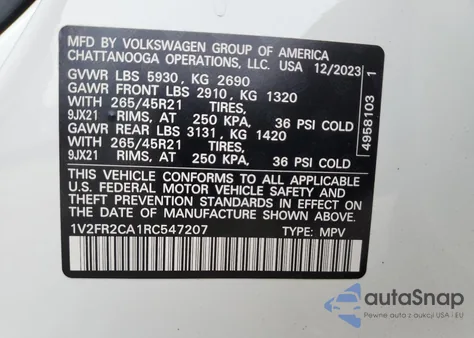2024 Volkswagen Atlas Sel Premium R-Line z USA, uszkodzony, nr VIN 1V2FR2CA1RC547207